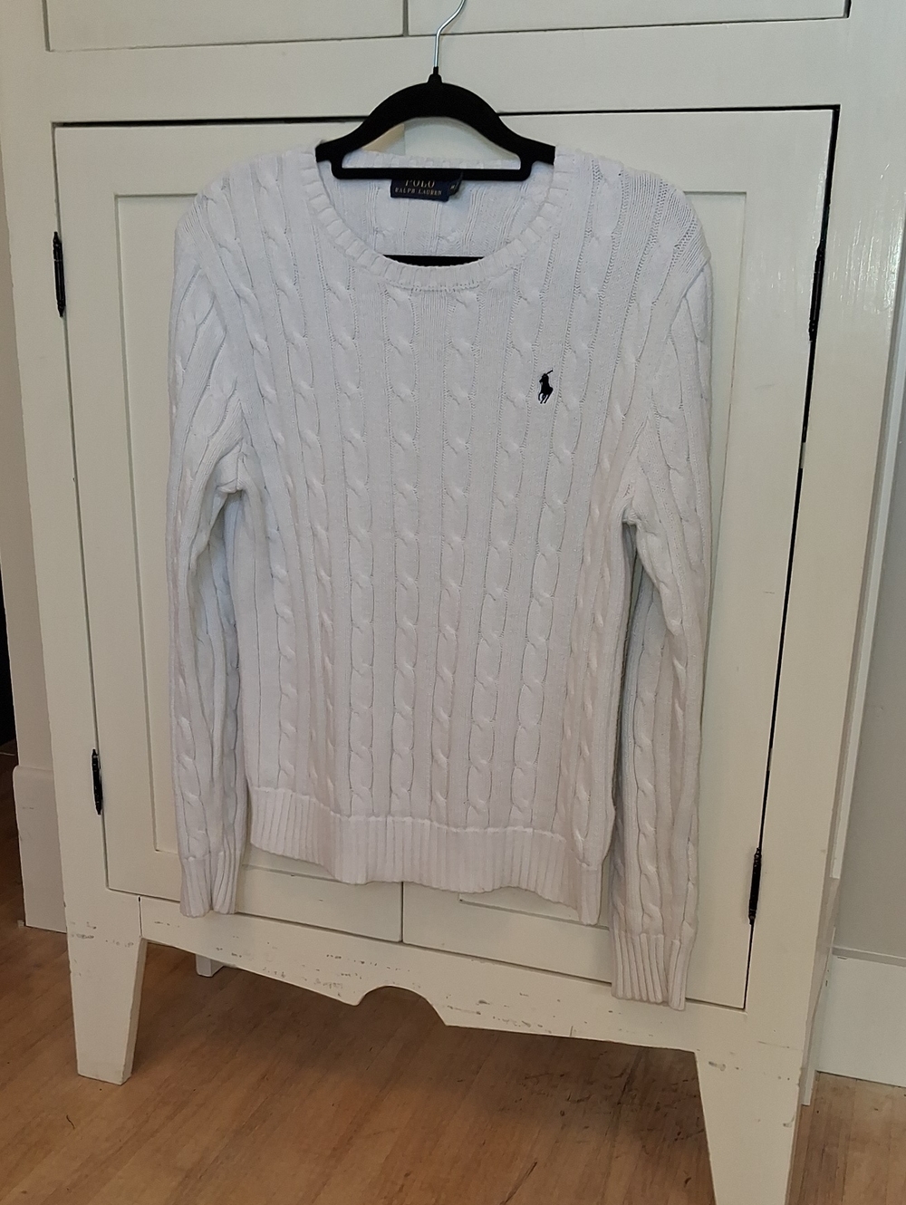 Ralph Lauren 🌟BRIGHT White/ Navy Cotton Cable-Knit Crewneck Sweater M